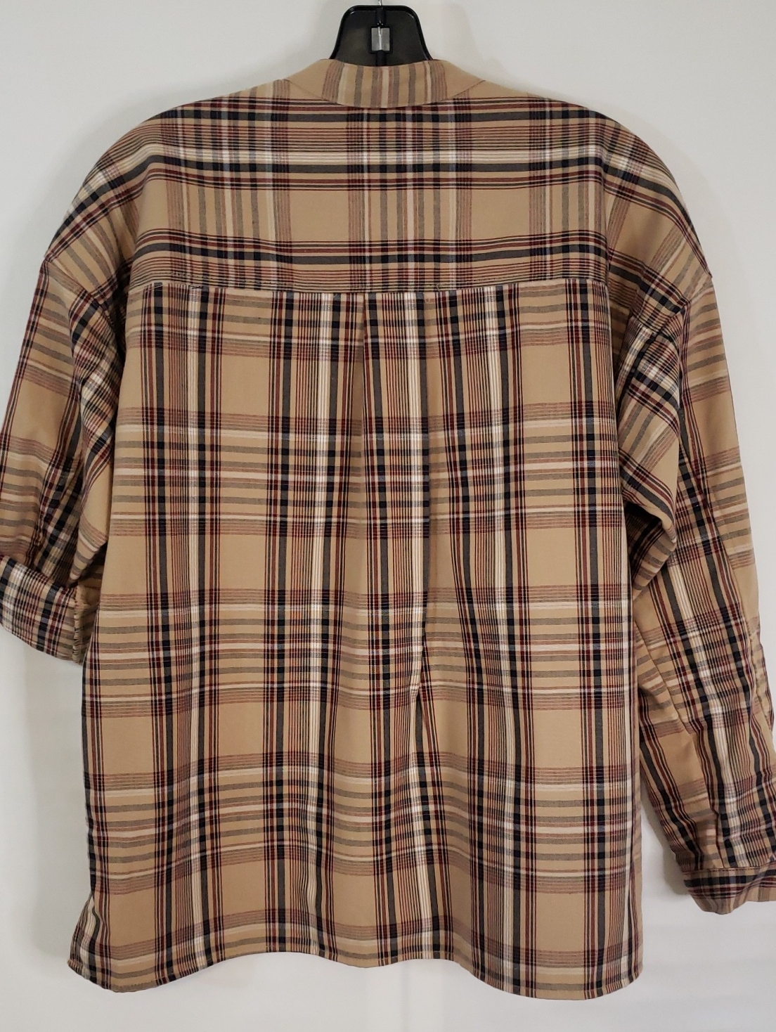 Max Studio Tan And Brown Plaid Button-Down Roll Tab Sleeve Shirt — image 5 of 6